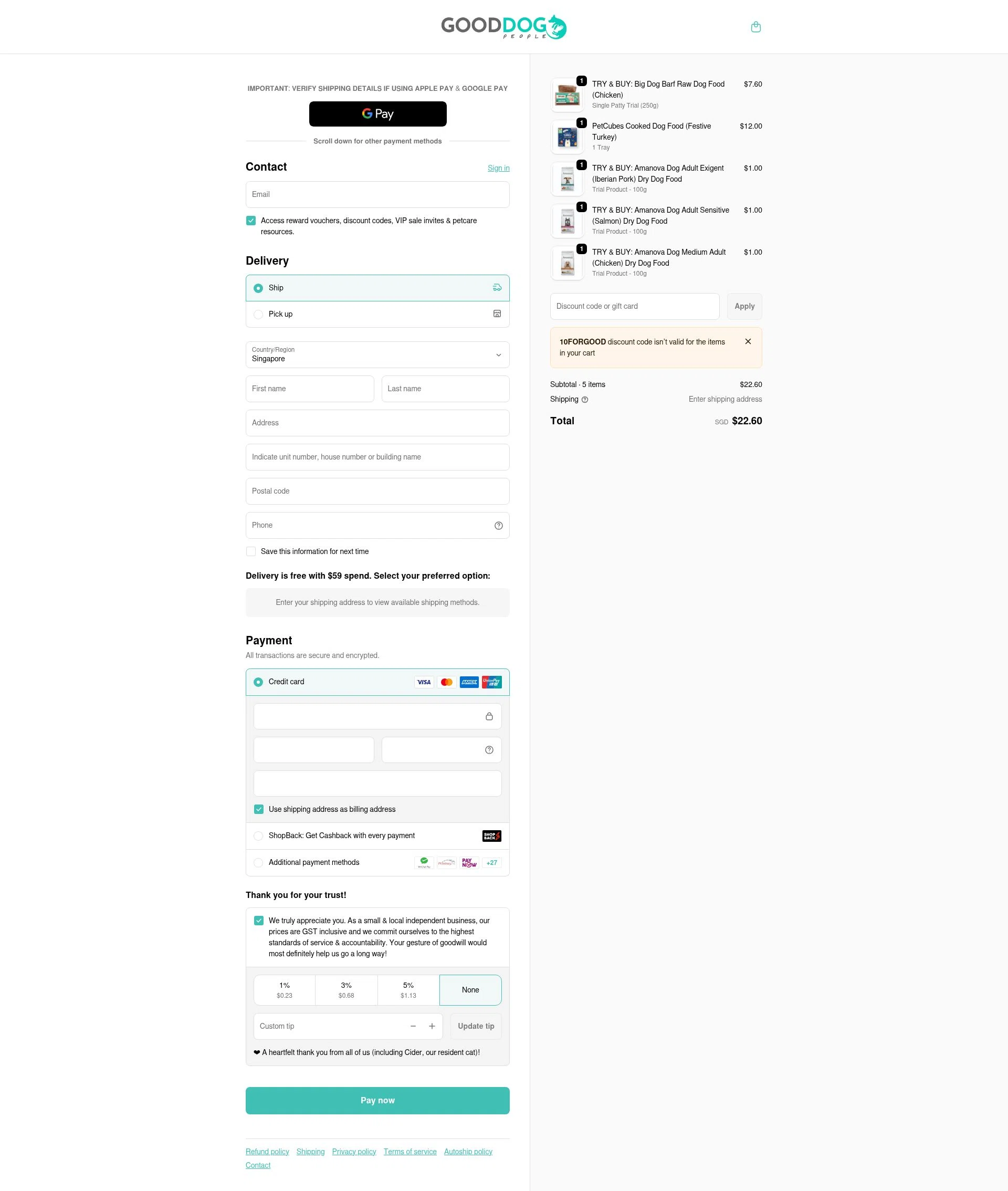 Good Dog People checkout page showing Good Dog People discount code box | Screenshot taken by SimplyCodes community member on Jan 29, 2026