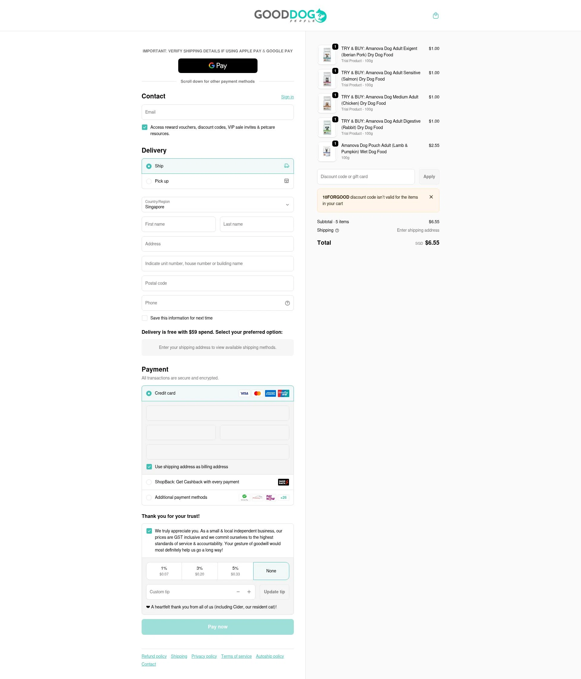Good Dog People checkout page showing Good Dog People discount code box | Screenshot taken by SimplyCodes community member on Dec 21, 2025