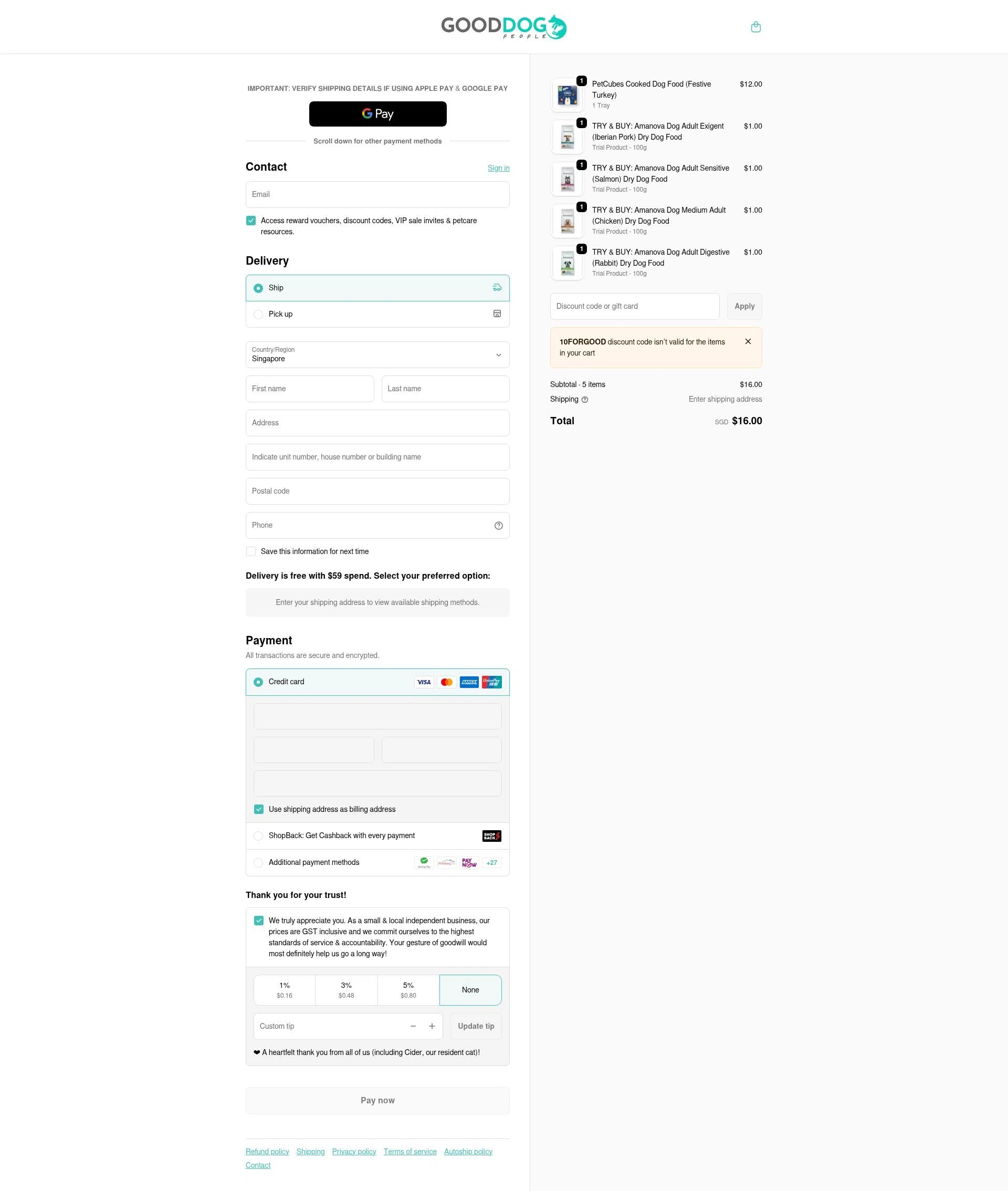 Good Dog People checkout page showing Good Dog People discount code box | Screenshot taken by SimplyCodes community member on Jan 25, 2026