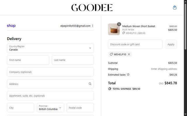 Goodee checkout page showing Goodee promo code box | Screenshot taken by SimplyCodes community member on Sep 7, 2025