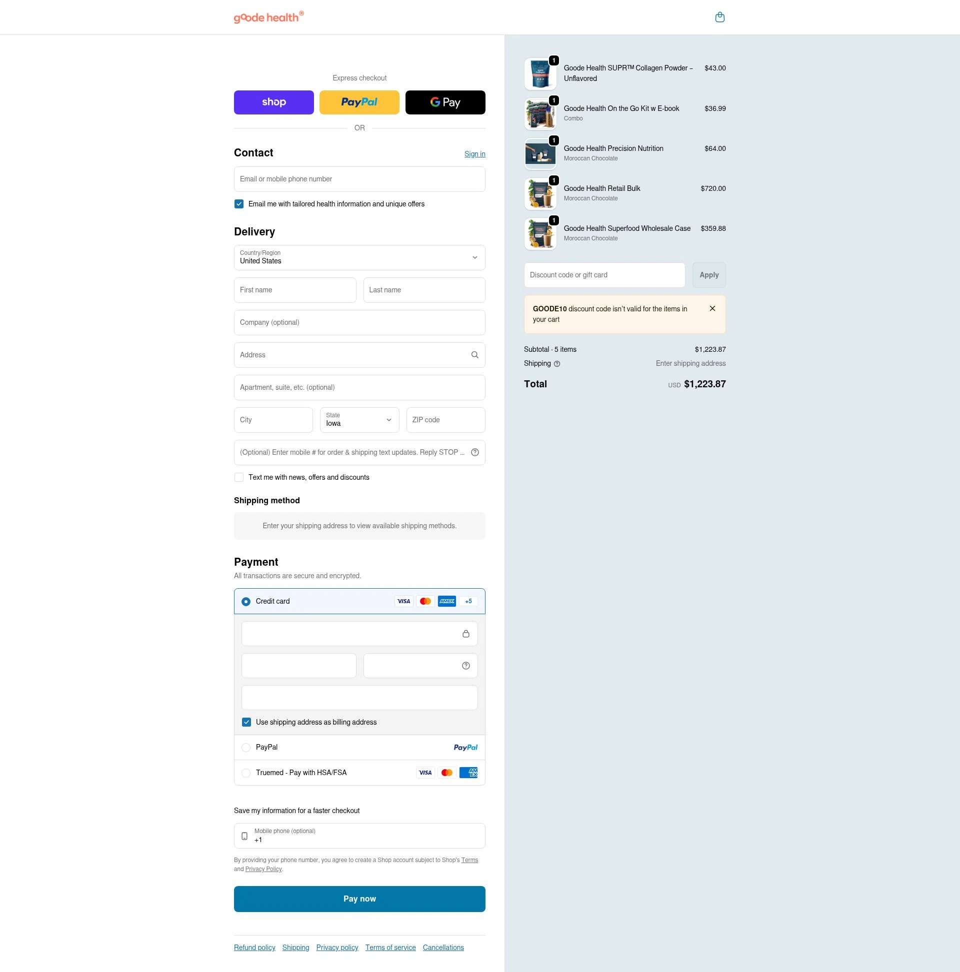 Goode Health checkout page showing Goode Health promo code box | Screenshot taken by SimplyCodes community member on Jan 12, 2026