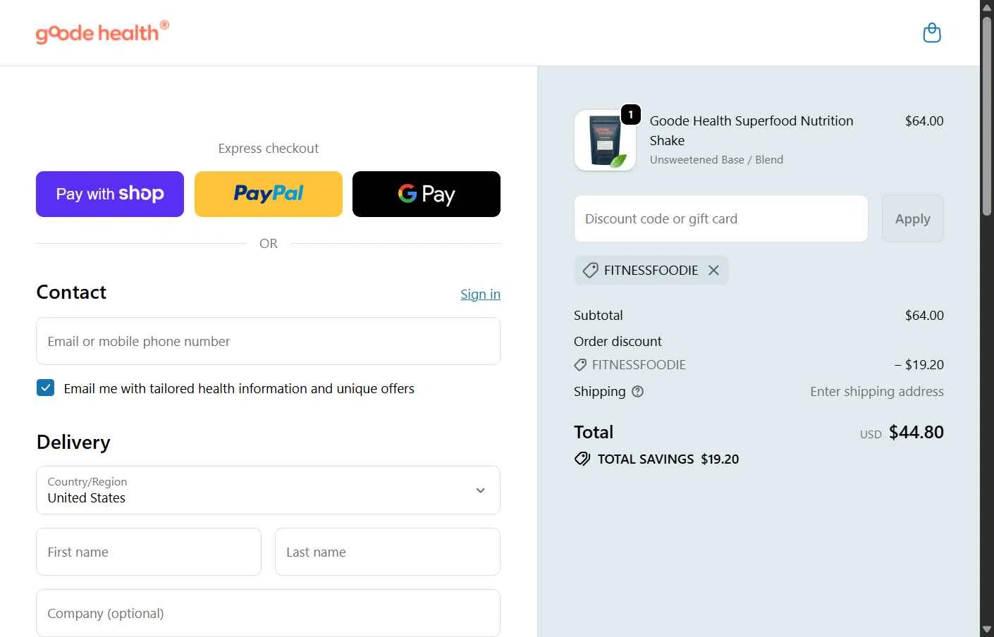 Goode Health checkout page showing Goode Health promo code box | Screenshot taken by SimplyCodes community member on Jan 12, 2026