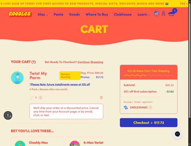 Goodles checkout page showing Goodles promo code box | Screenshot taken by SimplyCodes community member on Jul 23, 2025