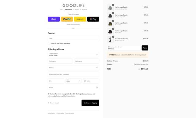 Goodlife Clothing checkout page showing Goodlife Clothing discount code box | Screenshot taken by SimplyCodes community member on Sep 11, 2025