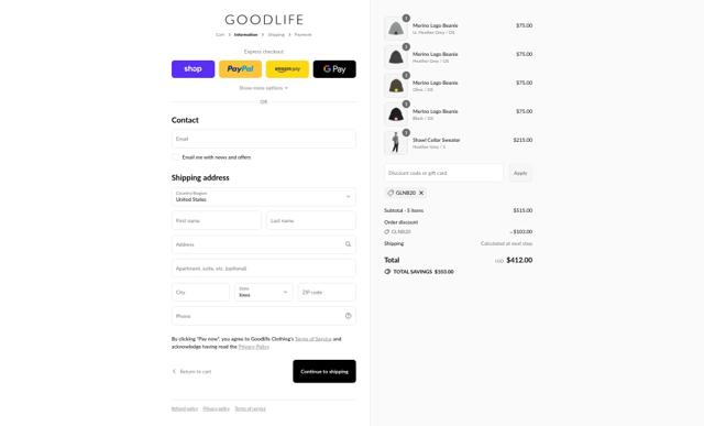 Goodlife Clothing checkout page showing Goodlife Clothing discount code box | Screenshot taken by SimplyCodes community member on Sep 11, 2025