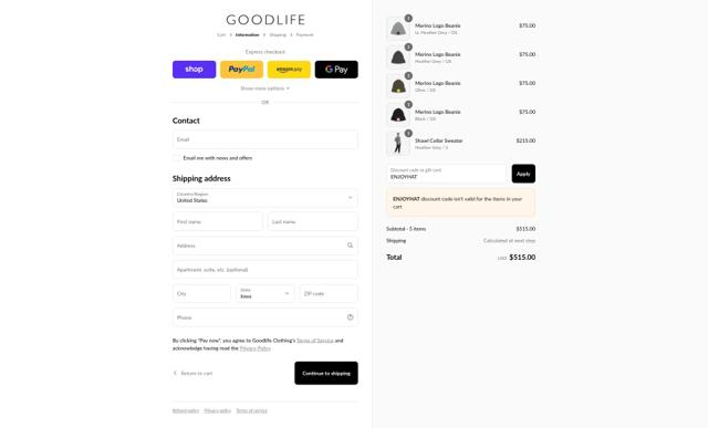 Goodlife Clothing checkout page showing Goodlife Clothing discount code box | Screenshot taken by SimplyCodes community member on Sep 11, 2025
