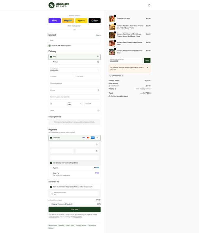 Goodlife Proteins checkout page showing Goodlife Proteins promo code box | Screenshot taken by SimplyCodes community member on Oct 6, 2025
