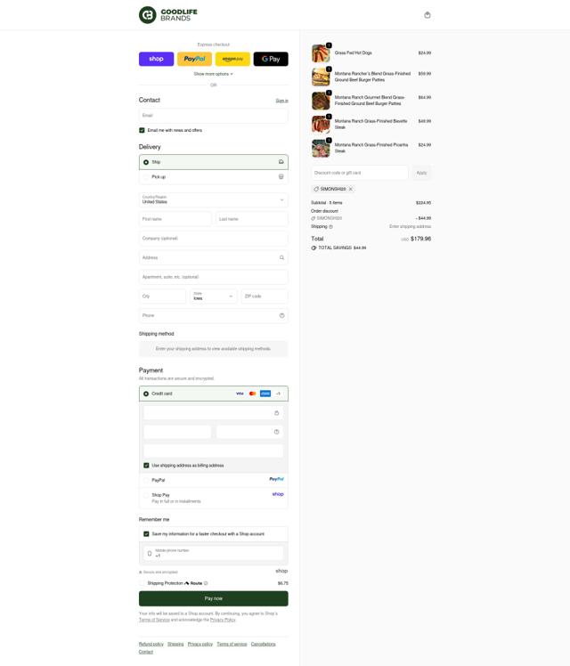 Goodlife Proteins checkout page showing Goodlife Proteins promo code box | Screenshot taken by SimplyCodes community member on Oct 6, 2025