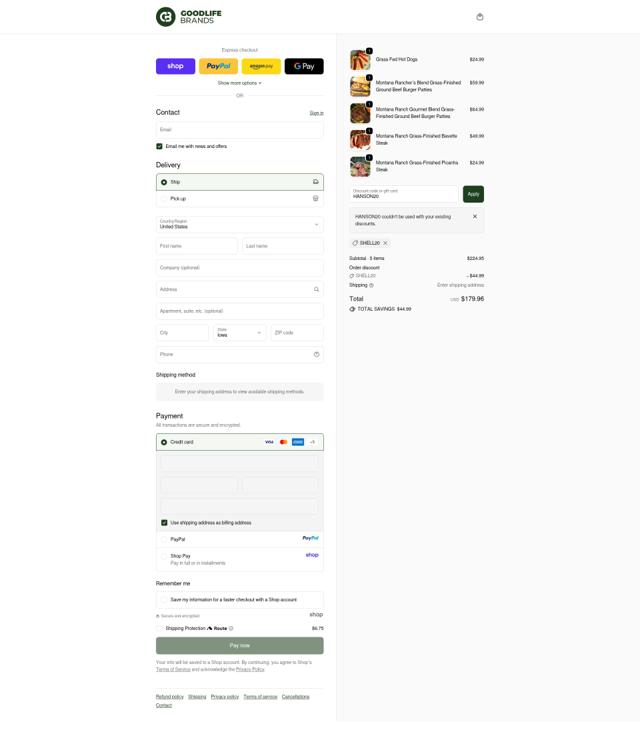 Goodlife Proteins checkout page showing Goodlife Proteins promo code box | Screenshot taken by SimplyCodes community member on Oct 6, 2025