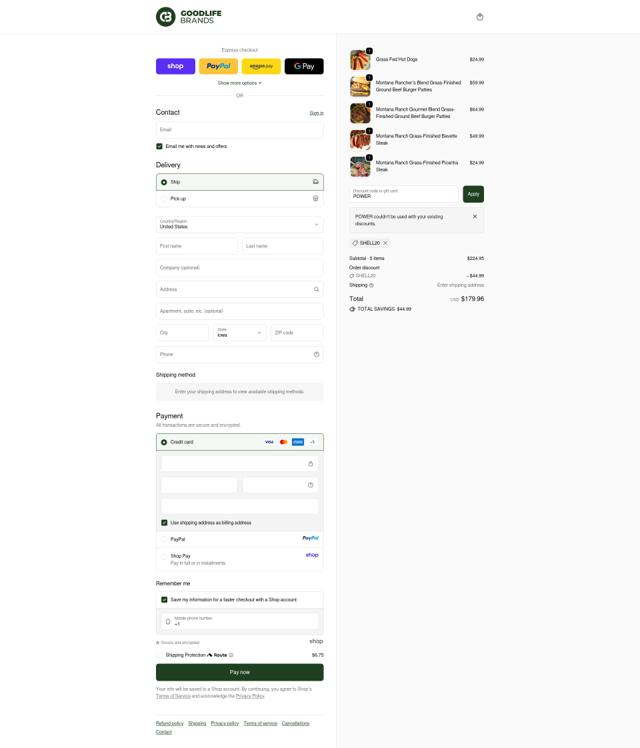 Goodlife Proteins checkout page showing Goodlife Proteins promo code box | Screenshot taken by SimplyCodes community member on Oct 6, 2025