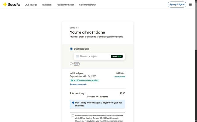 GoodRx checkout page showing GoodRx promo code box | Screenshot taken by SimplyCodes community member on Aug 1, 2025