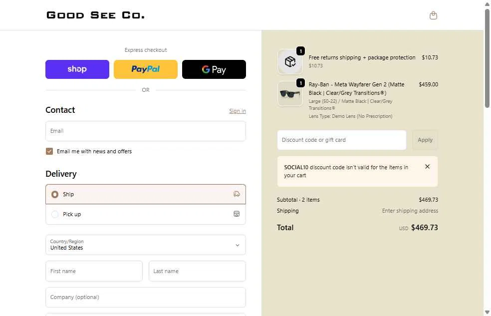 Good See Co. checkout page showing Good See Co. promo code box | Screenshot taken by SimplyCodes community member on Feb 10, 2026