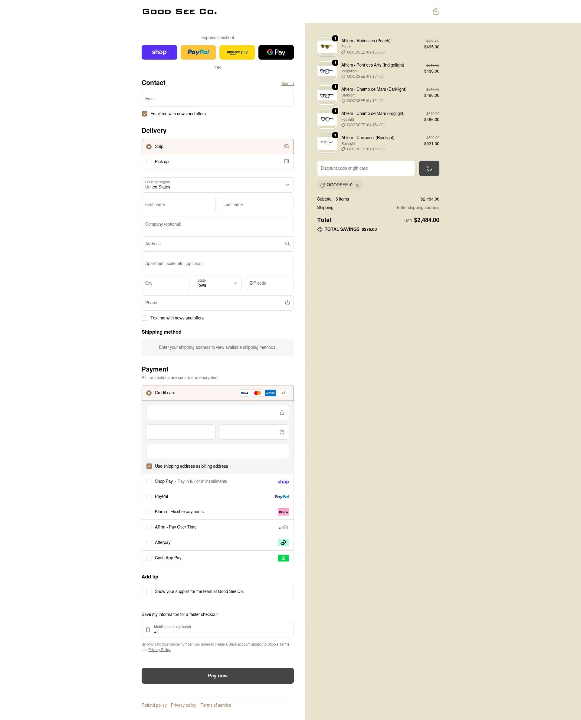 Good See Co. checkout page showing Good See Co. promo code box | Screenshot taken by SimplyCodes community member on Feb 14, 2026
