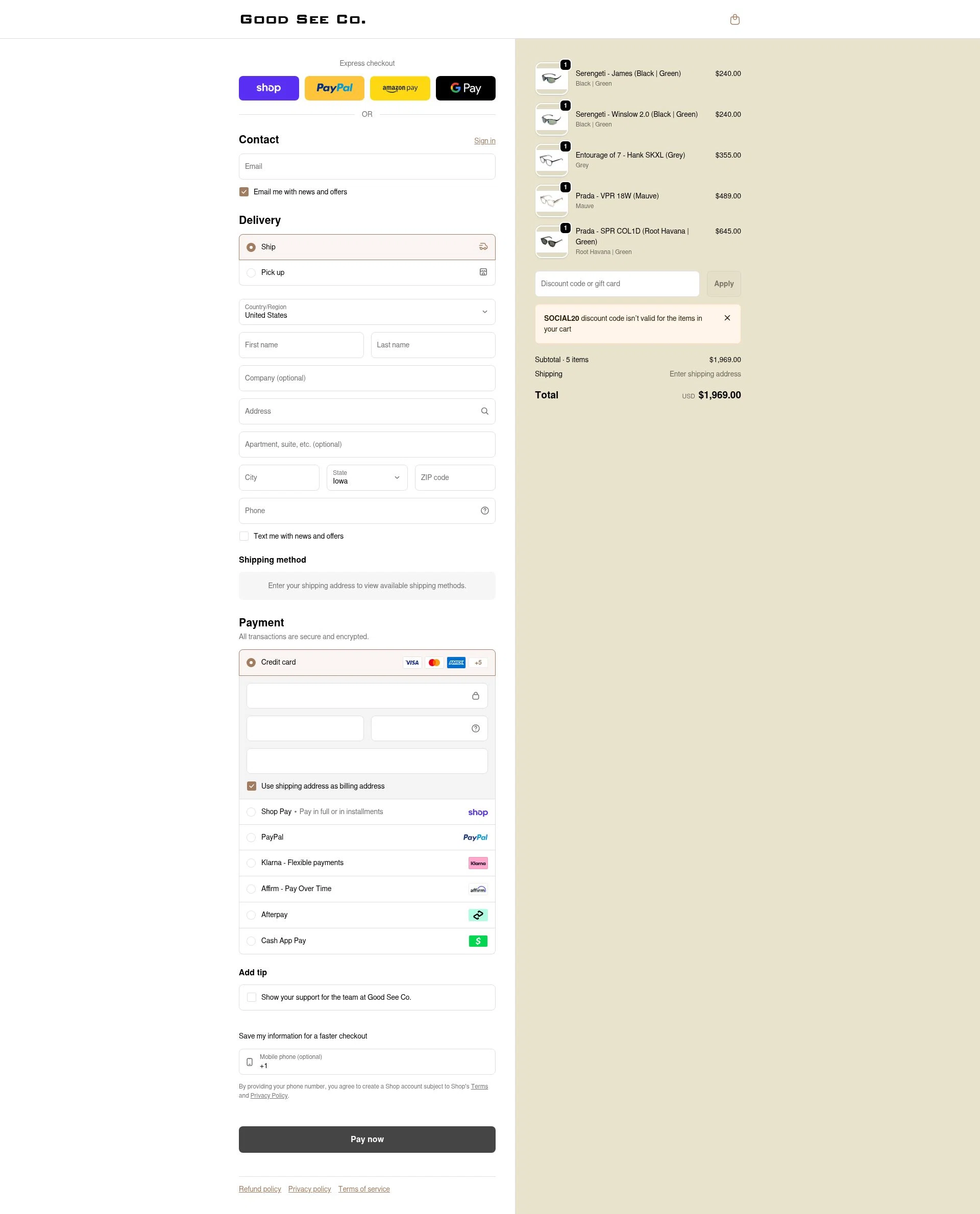 Good See Co. checkout page showing Good See Co. promo code box | Screenshot taken by SimplyCodes community member on Feb 10, 2026