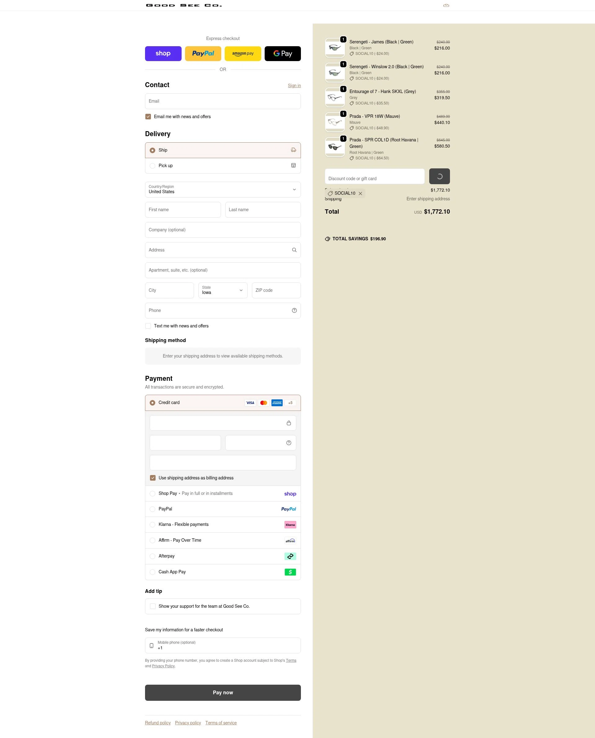 Good See Co. checkout page showing Good See Co. promo code box | Screenshot taken by SimplyCodes community member on Feb 10, 2026