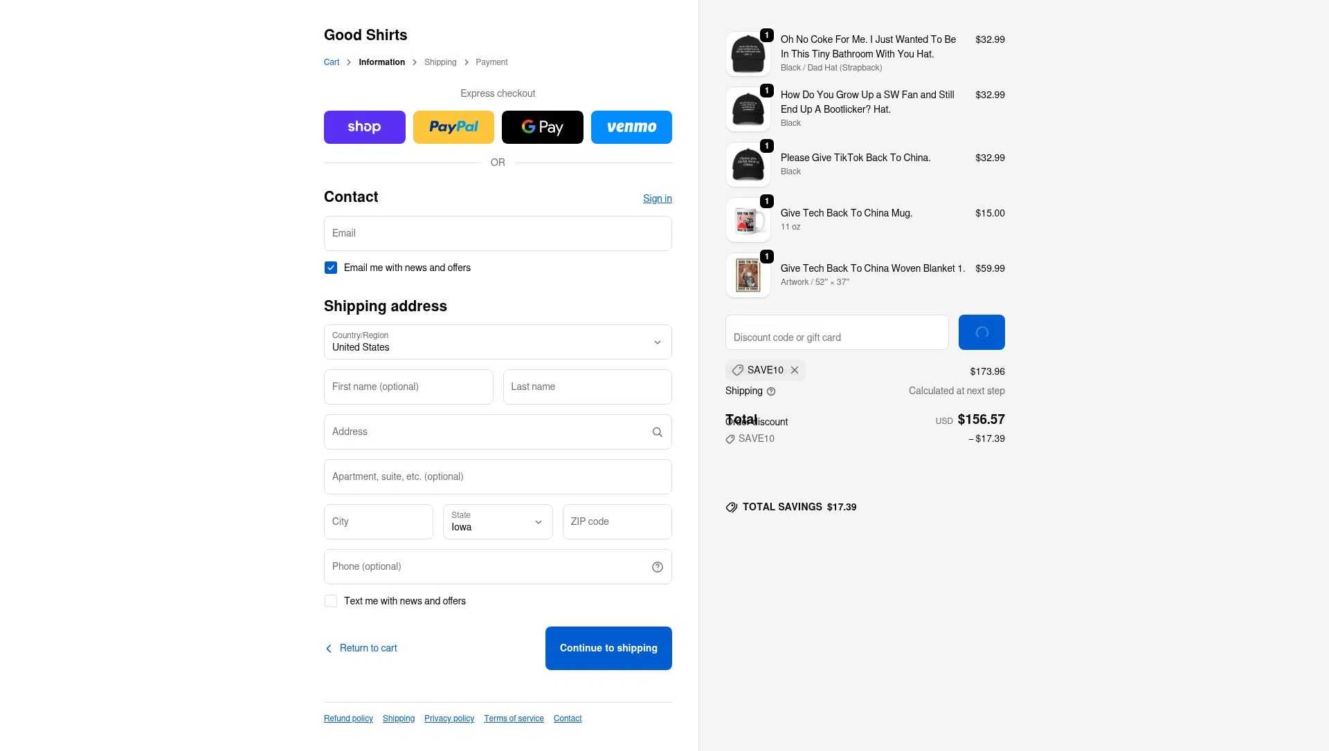 Good Shirts checkout page showing Good Shirts discount code box | Screenshot taken by SimplyCodes community member on Feb 5, 2026