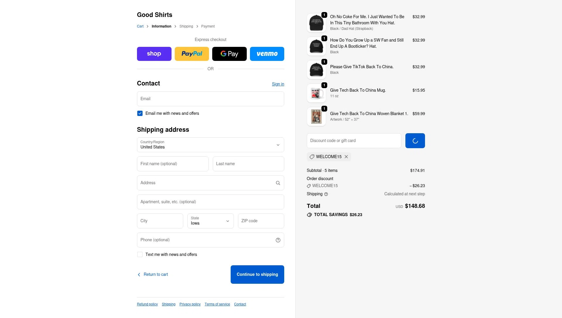 Good Shirts checkout page showing Good Shirts discount code box | Screenshot taken by SimplyCodes community member on Feb 14, 2026