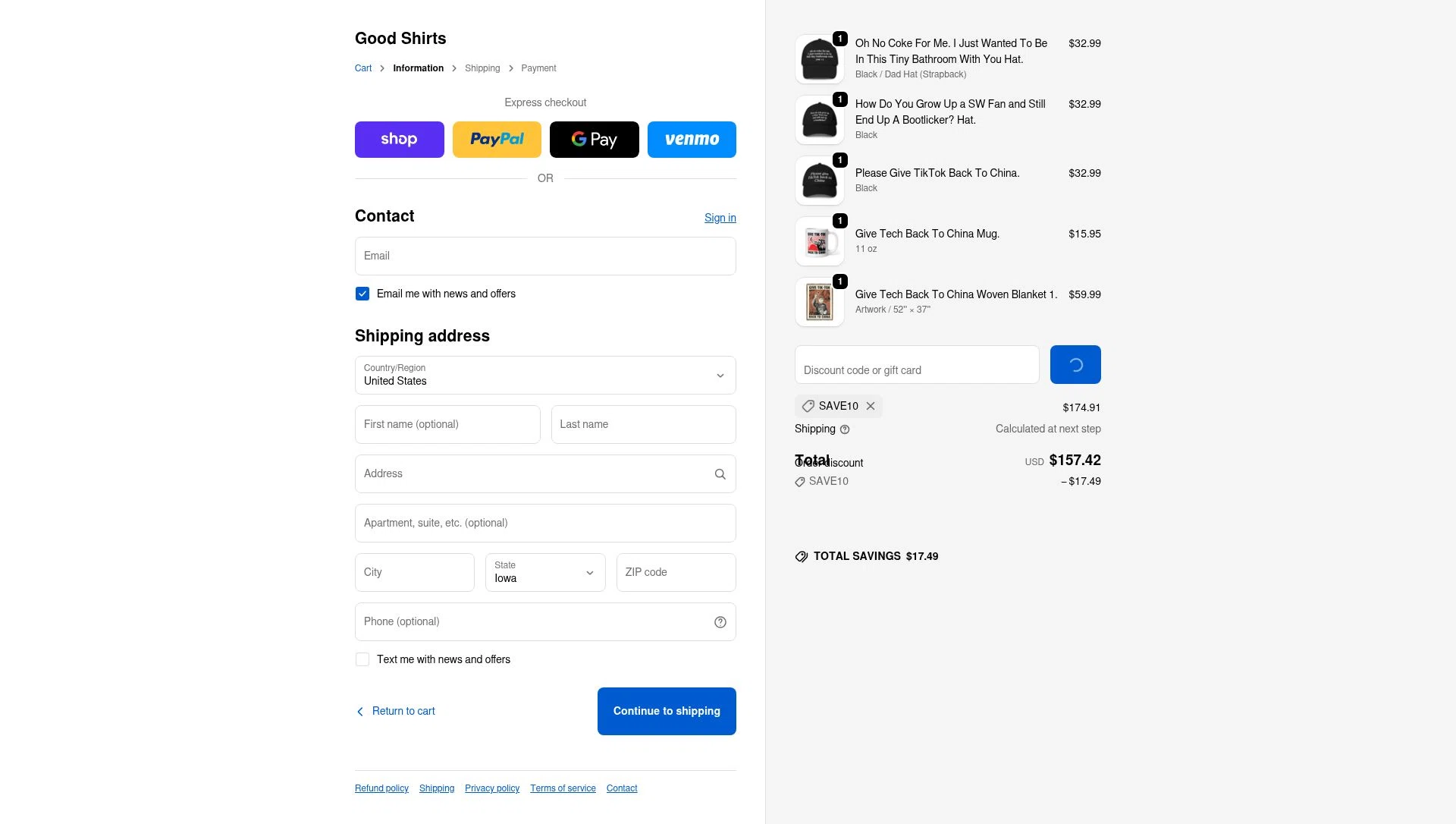 Good Shirts checkout page showing Good Shirts discount code box | Screenshot taken by SimplyCodes community member on Feb 18, 2026