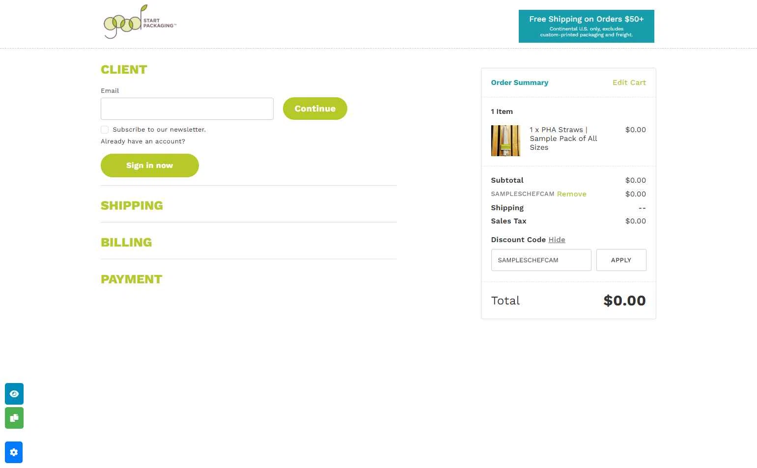 Good Start Packaging checkout page showing Good Start Packaging discount code box | Screenshot taken by SimplyCodes community member on Sep 1, 2025