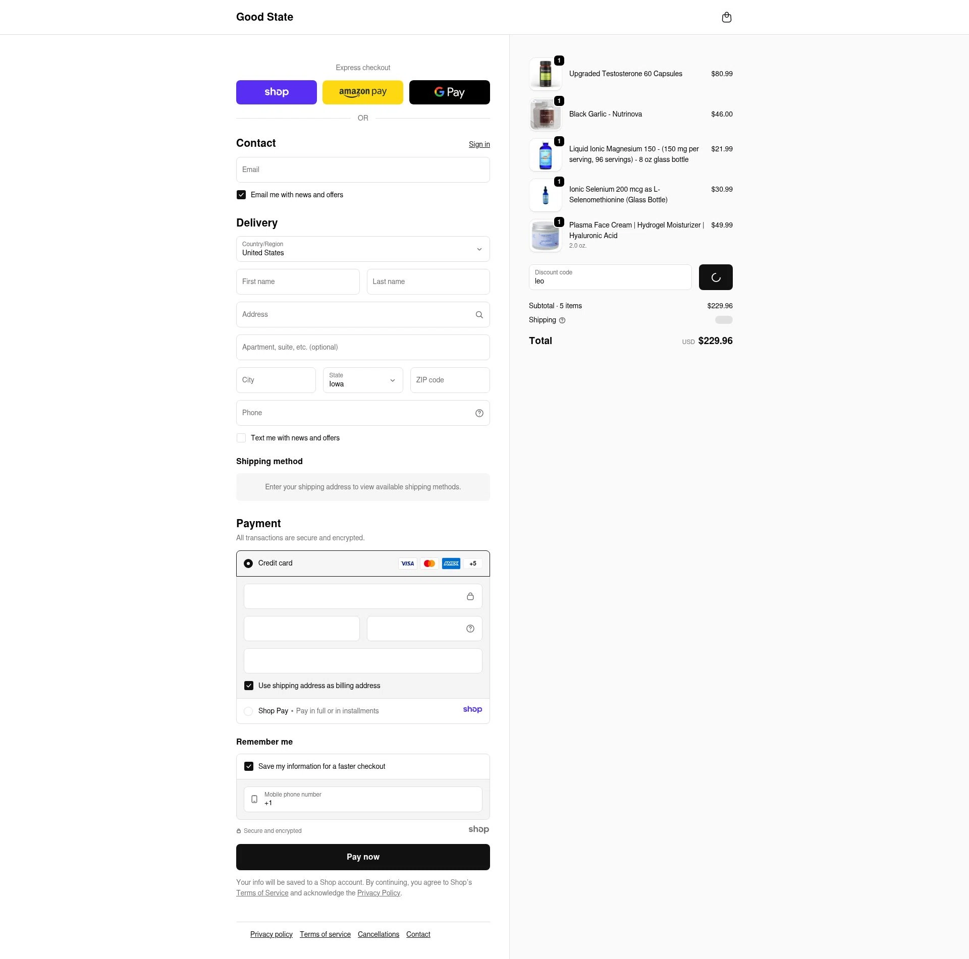 Good State checkout page showing Good State discount code box | Screenshot taken by SimplyCodes community member on Jan 2, 2026