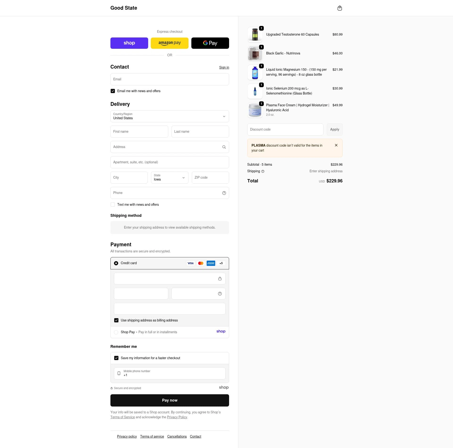 Good State checkout page showing Good State discount code box | Screenshot taken by SimplyCodes community member on Jan 2, 2026