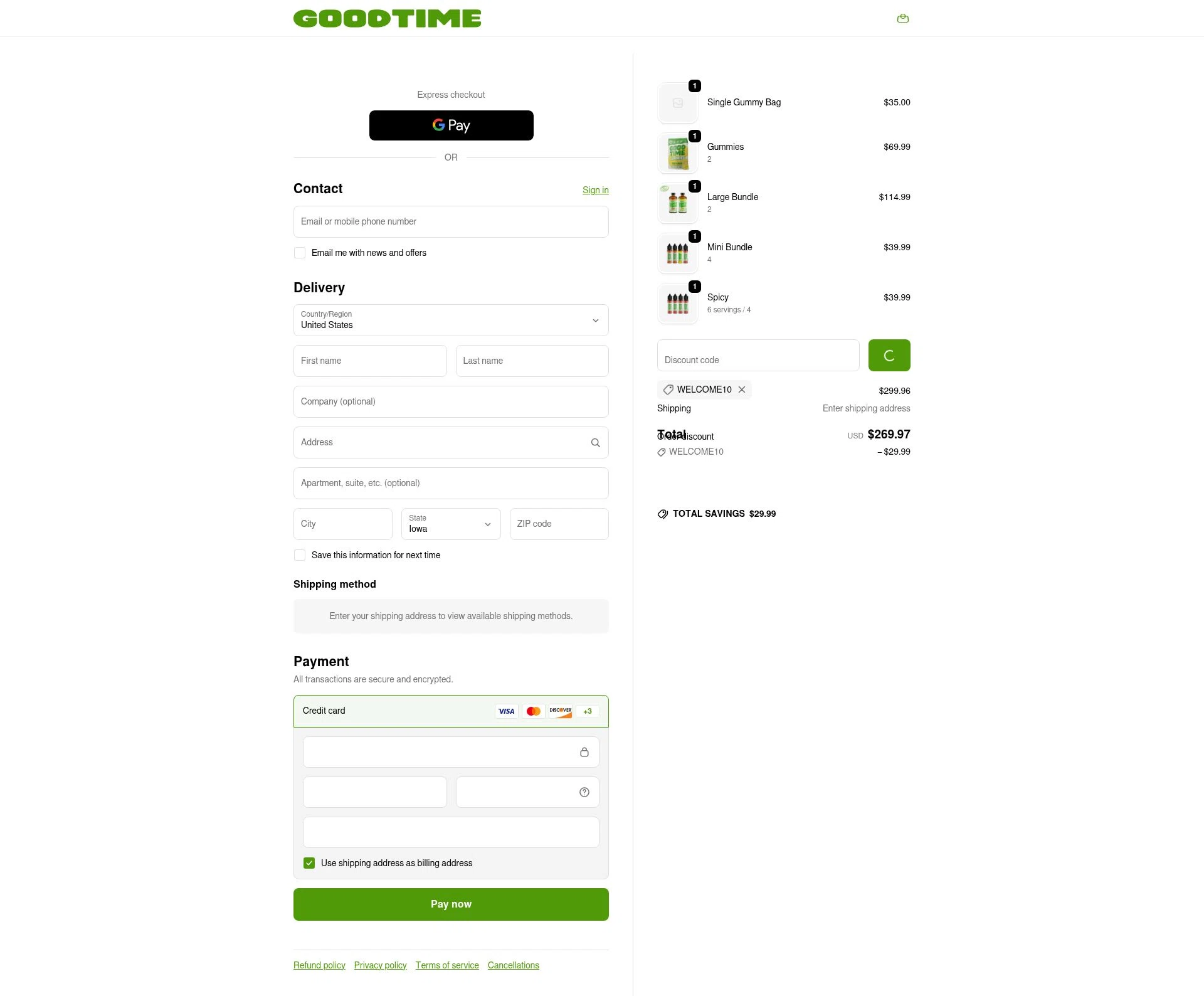 GoodTime High Spirits checkout page showing GoodTime High Spirits promo code box | Screenshot taken by SimplyCodes community member on Jan 3, 2026