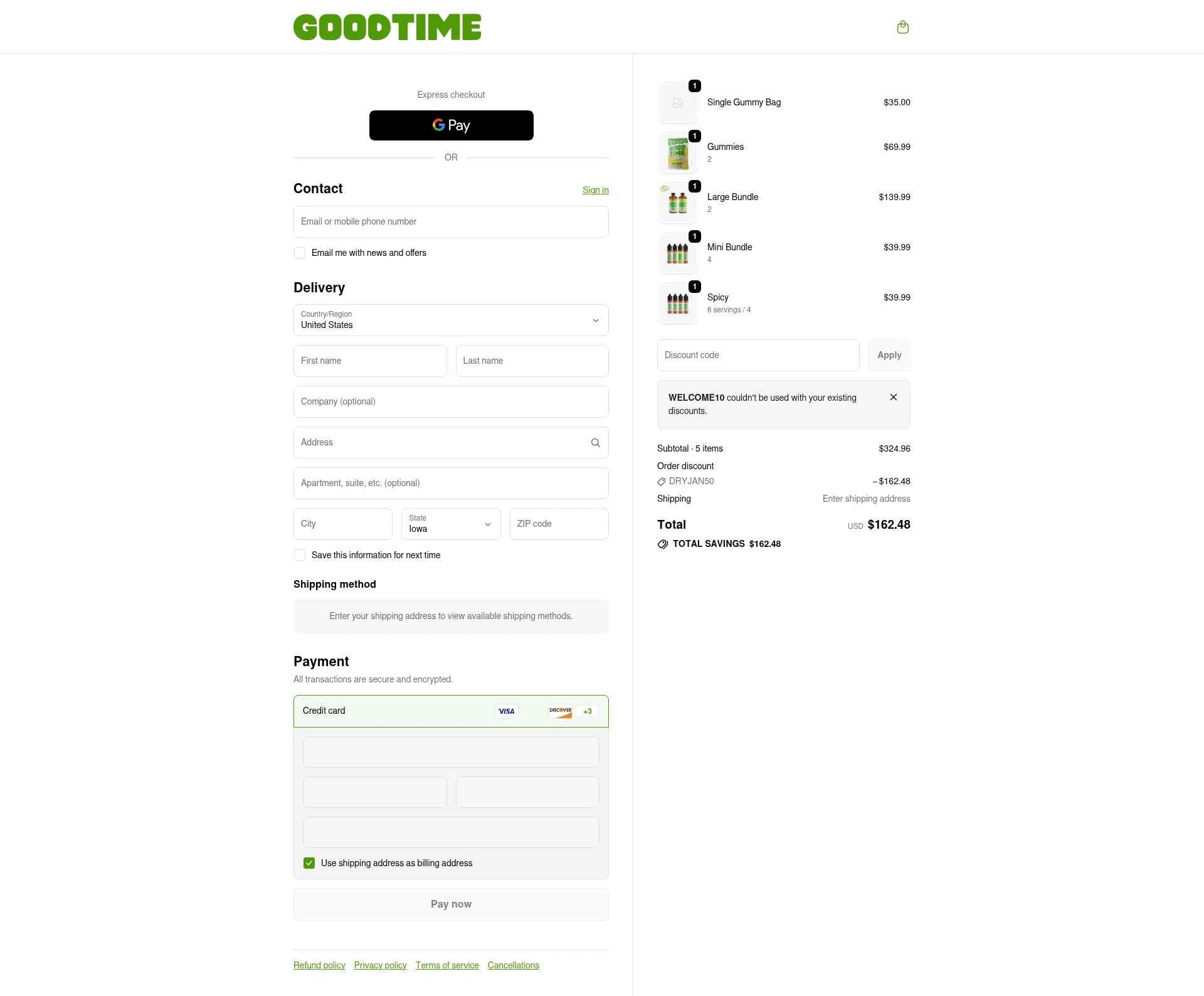 GoodTime High Spirits checkout page showing GoodTime High Spirits promo code box | Screenshot taken by SimplyCodes community member on Jan 8, 2026