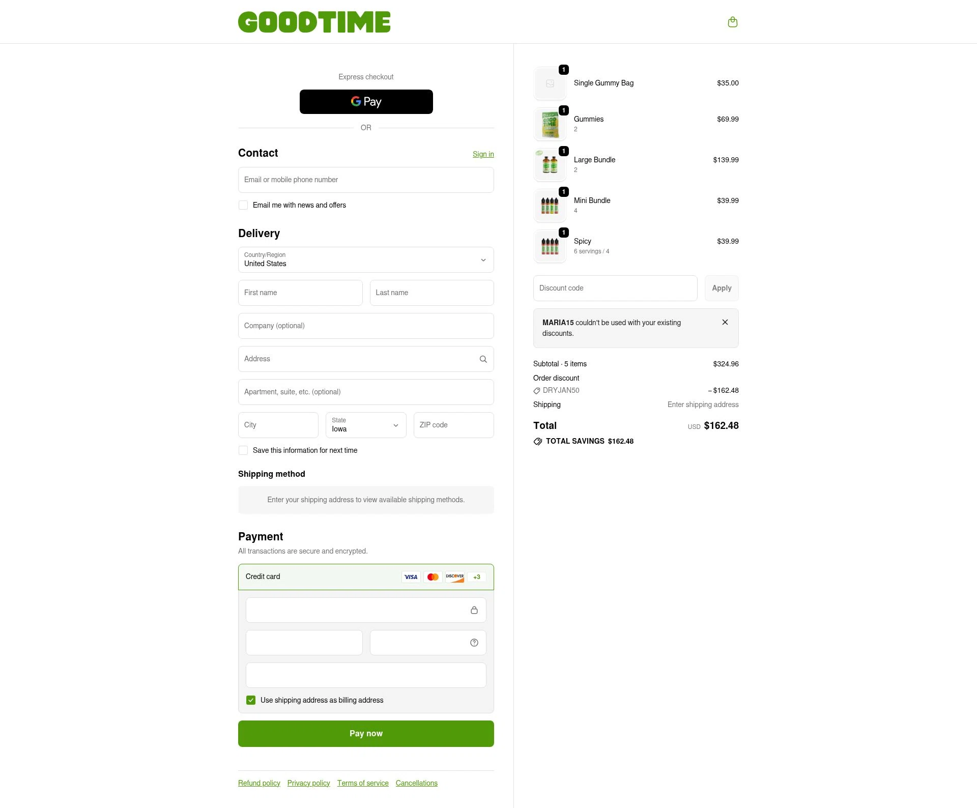 GoodTime High Spirits checkout page showing GoodTime High Spirits promo code box | Screenshot taken by SimplyCodes community member on Jan 8, 2026