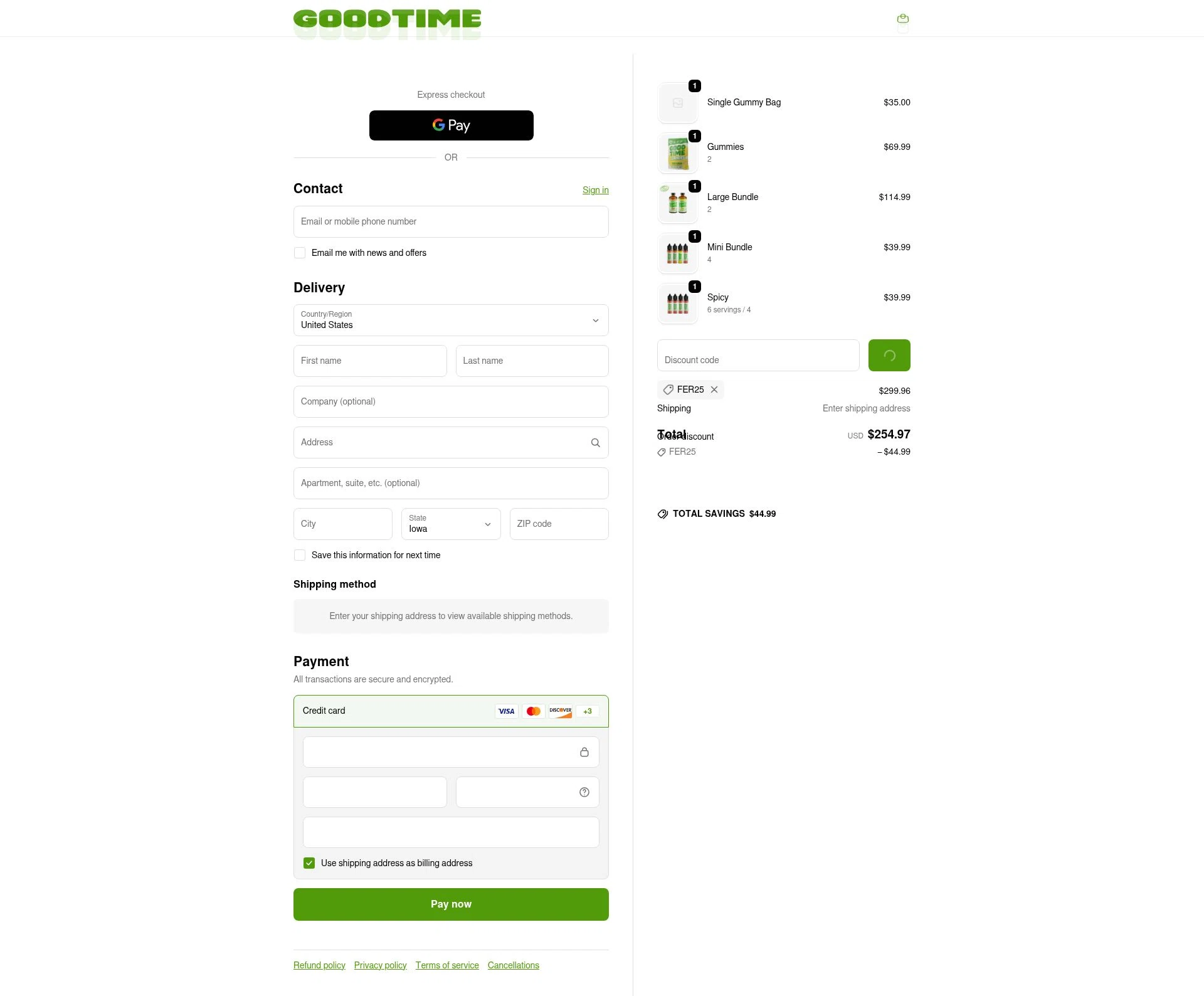 GoodTime High Spirits checkout page showing GoodTime High Spirits promo code box | Screenshot taken by SimplyCodes community member on Dec 29, 2025