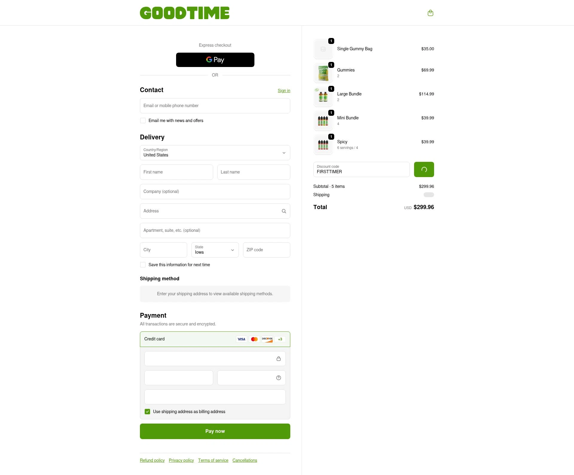 GoodTime High Spirits checkout page showing GoodTime High Spirits promo code box | Screenshot taken by SimplyCodes community member on Dec 29, 2025