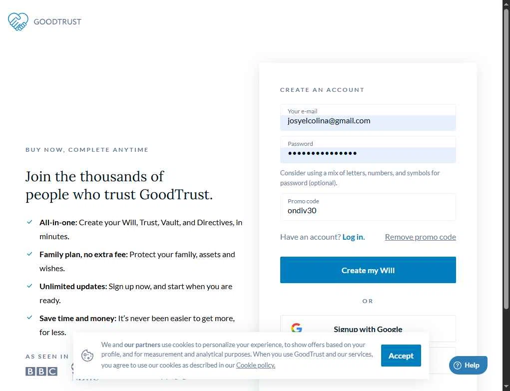 GoodTrust checkout page showing GoodTrust promo code box | Screenshot taken by SimplyCodes community member on Sep 24, 2025