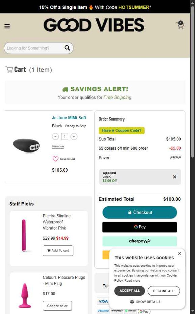 Good Vibrations checkout page showing Good Vibrations promo code box | Screenshot taken by SimplyCodes community member on Jul 23, 2025