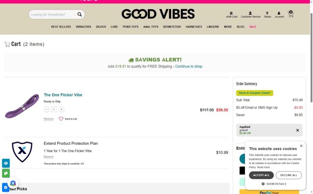 Good Vibrations checkout page showing Good Vibrations promo code box | Screenshot taken by SimplyCodes community member on Jun 8, 2025