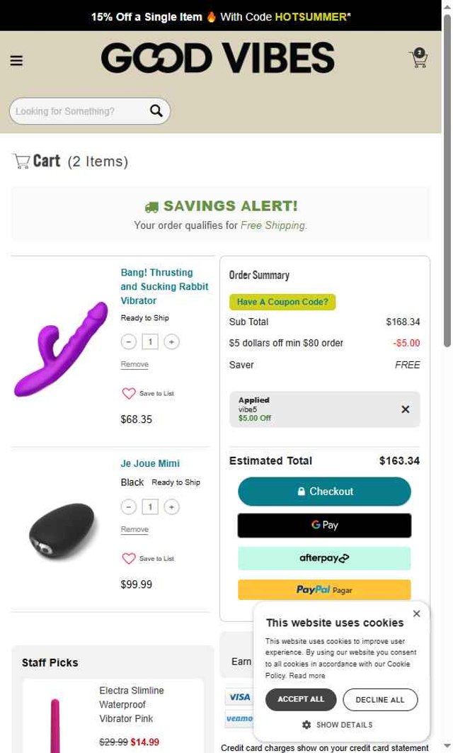 Good Vibrations checkout page showing Good Vibrations promo code box | Screenshot taken by SimplyCodes community member on Jul 23, 2025