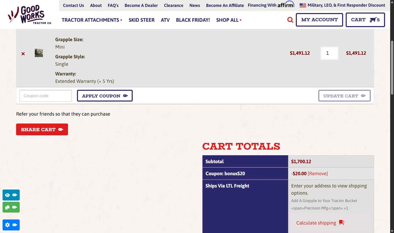 Good Works Tractors checkout page showing Good Works Tractors coupon code box | Screenshot taken by SimplyCodes community member on Nov 23, 2025