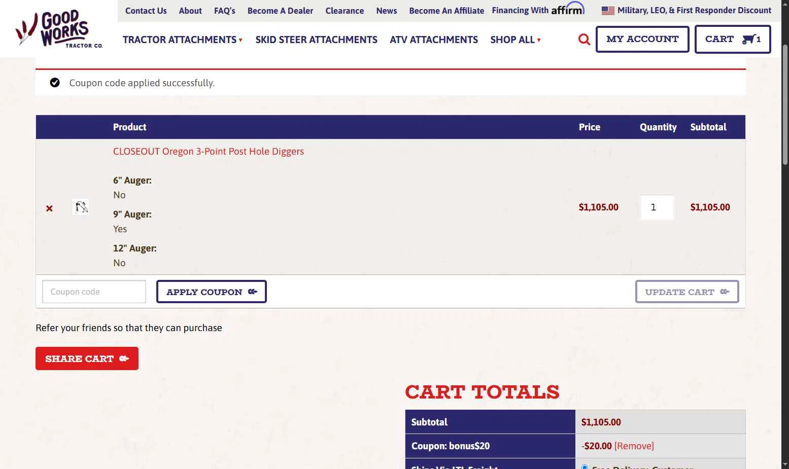 Good Works Tractors checkout page showing Good Works Tractors coupon code box | Screenshot taken by SimplyCodes community member on Jul 1, 2025