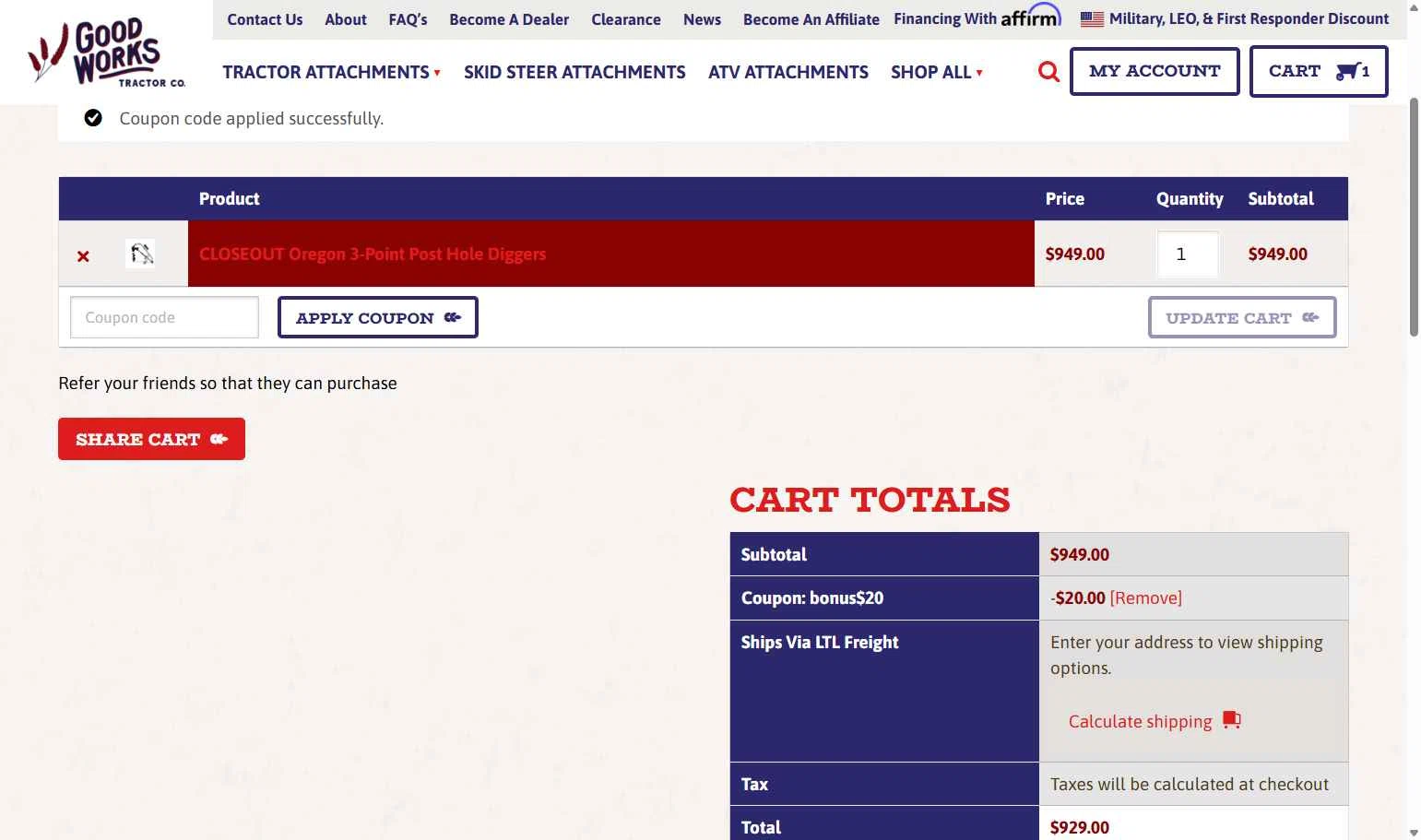 Good Works Tractors checkout page showing Good Works Tractors coupon code box | Screenshot taken by SimplyCodes community member on Aug 28, 2025