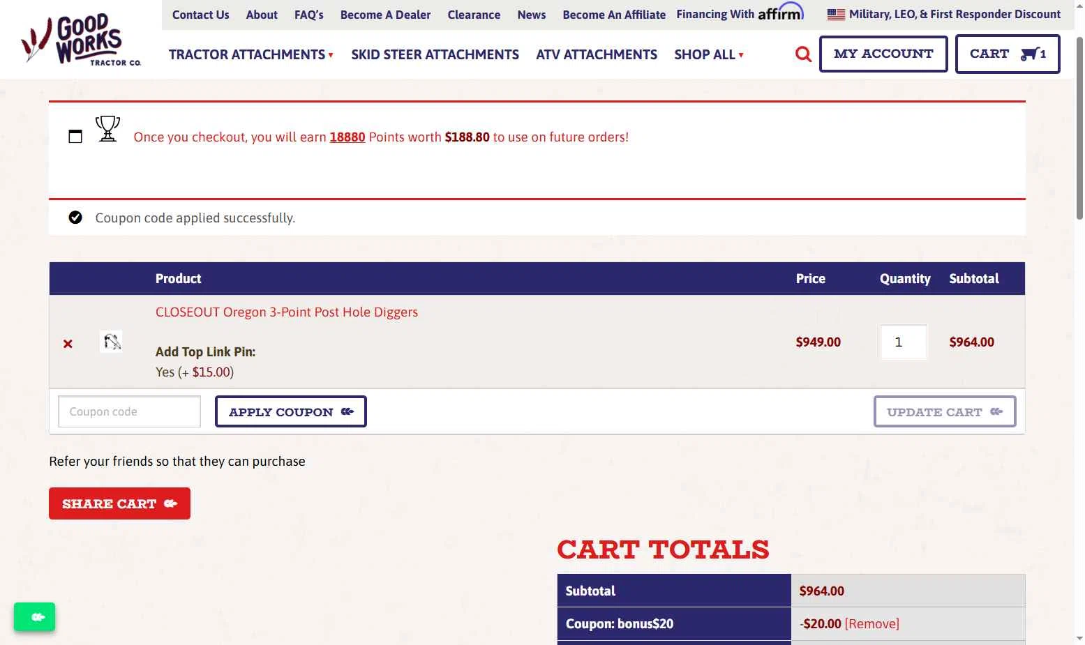 Good Works Tractors checkout page showing Good Works Tractors coupon code box | Screenshot taken by SimplyCodes community member on Sep 26, 2025