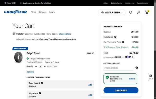 Goodyear checkout page showing Goodyear promo code box | Screenshot taken by SimplyCodes community member on Sep 4, 2025