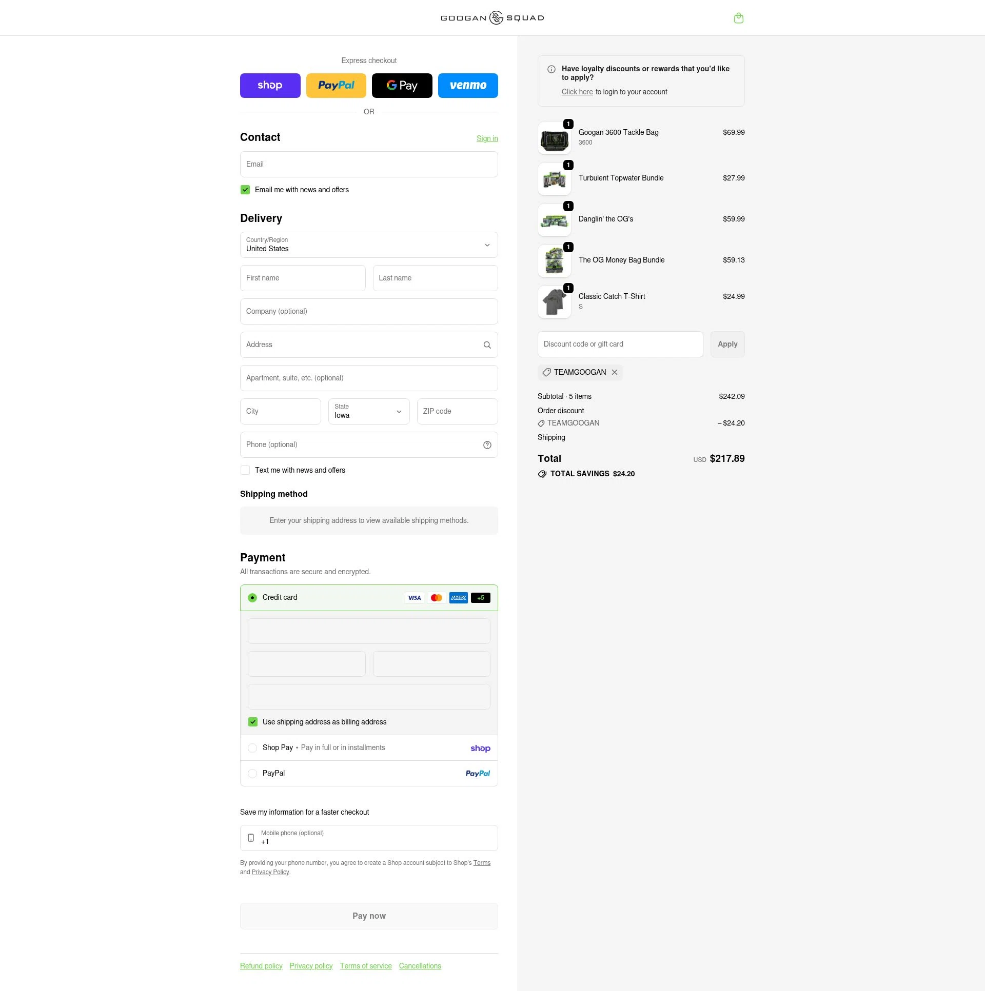 Googan Squad checkout page showing Googan Squad discount code box | Screenshot taken by SimplyCodes community member on Feb 21, 2026
