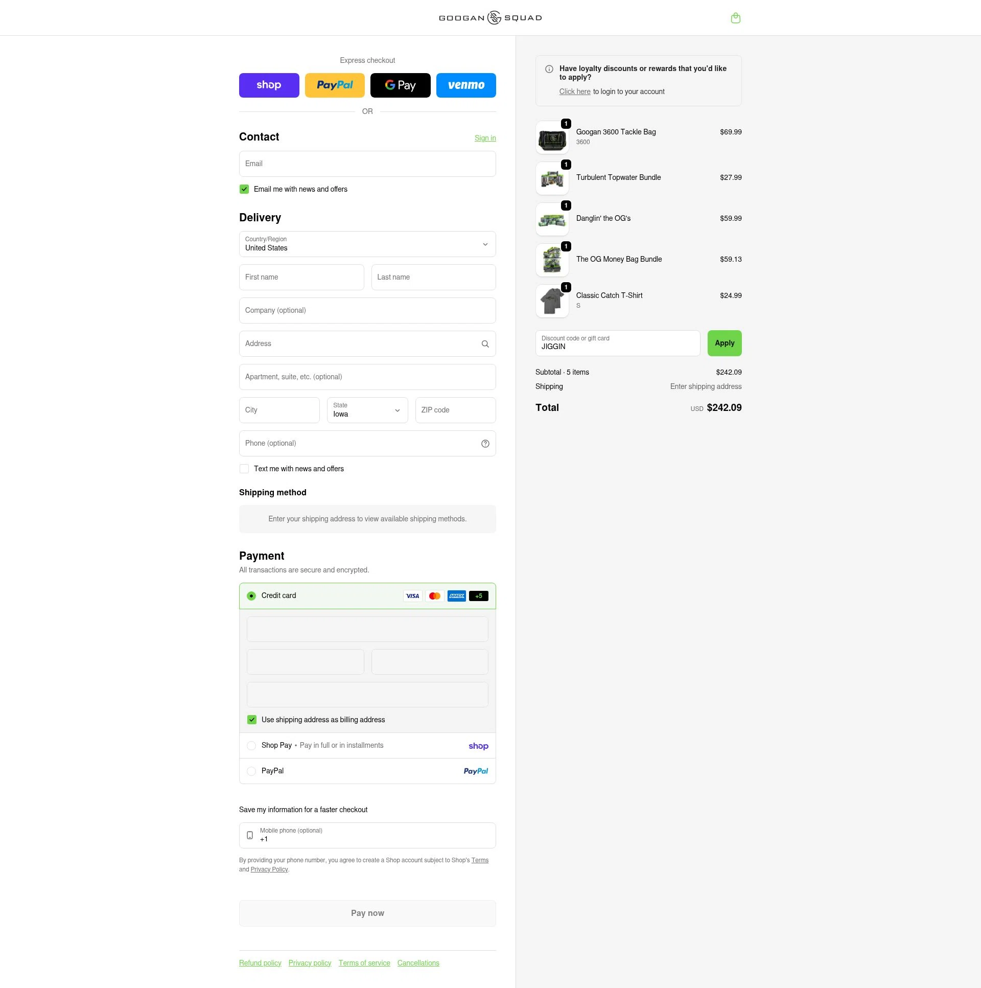 Googan Squad checkout page showing Googan Squad discount code box | Screenshot taken by SimplyCodes community member on Feb 21, 2026