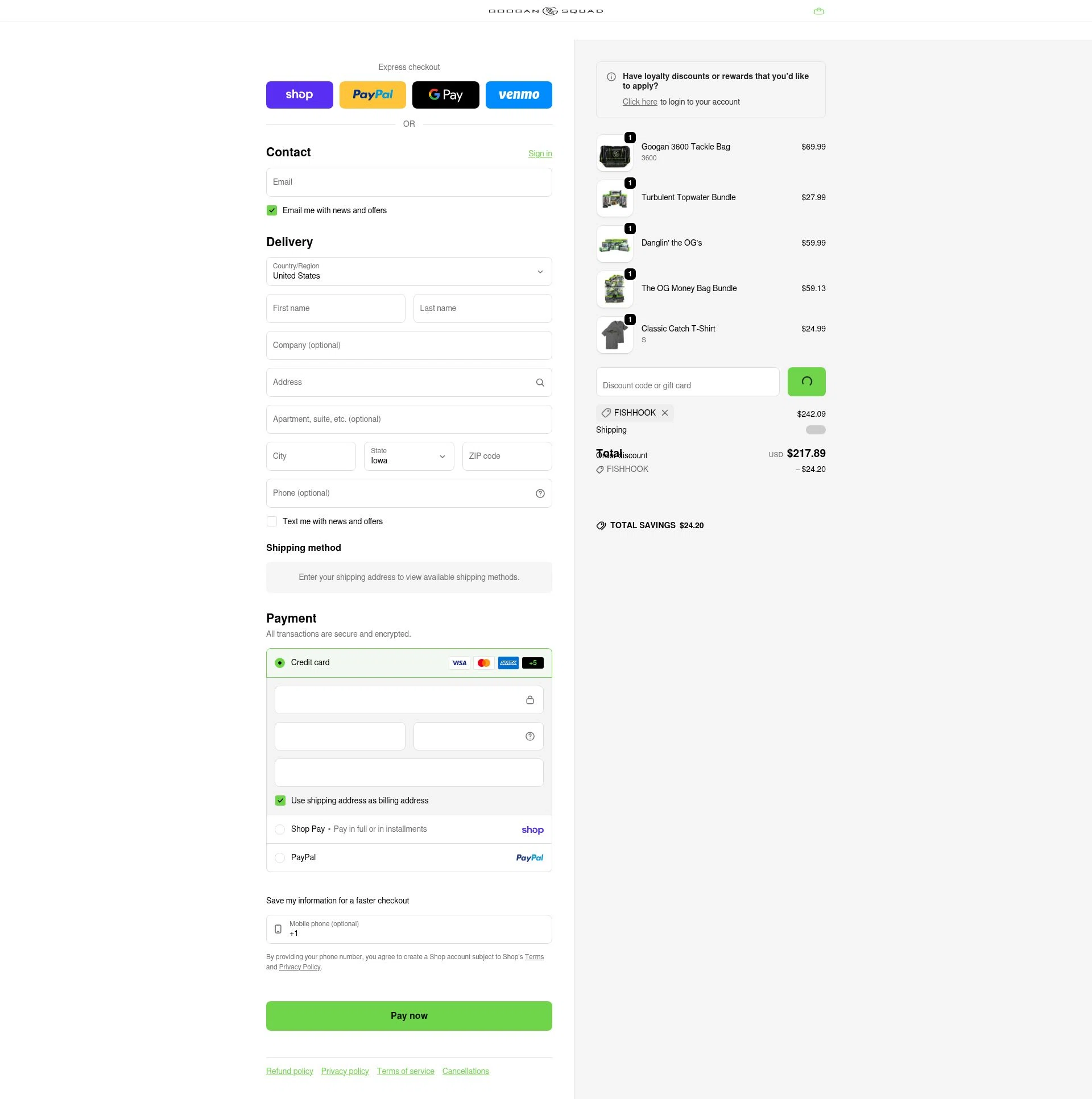 Googan Squad checkout page showing Googan Squad discount code box | Screenshot taken by SimplyCodes community member on Feb 21, 2026