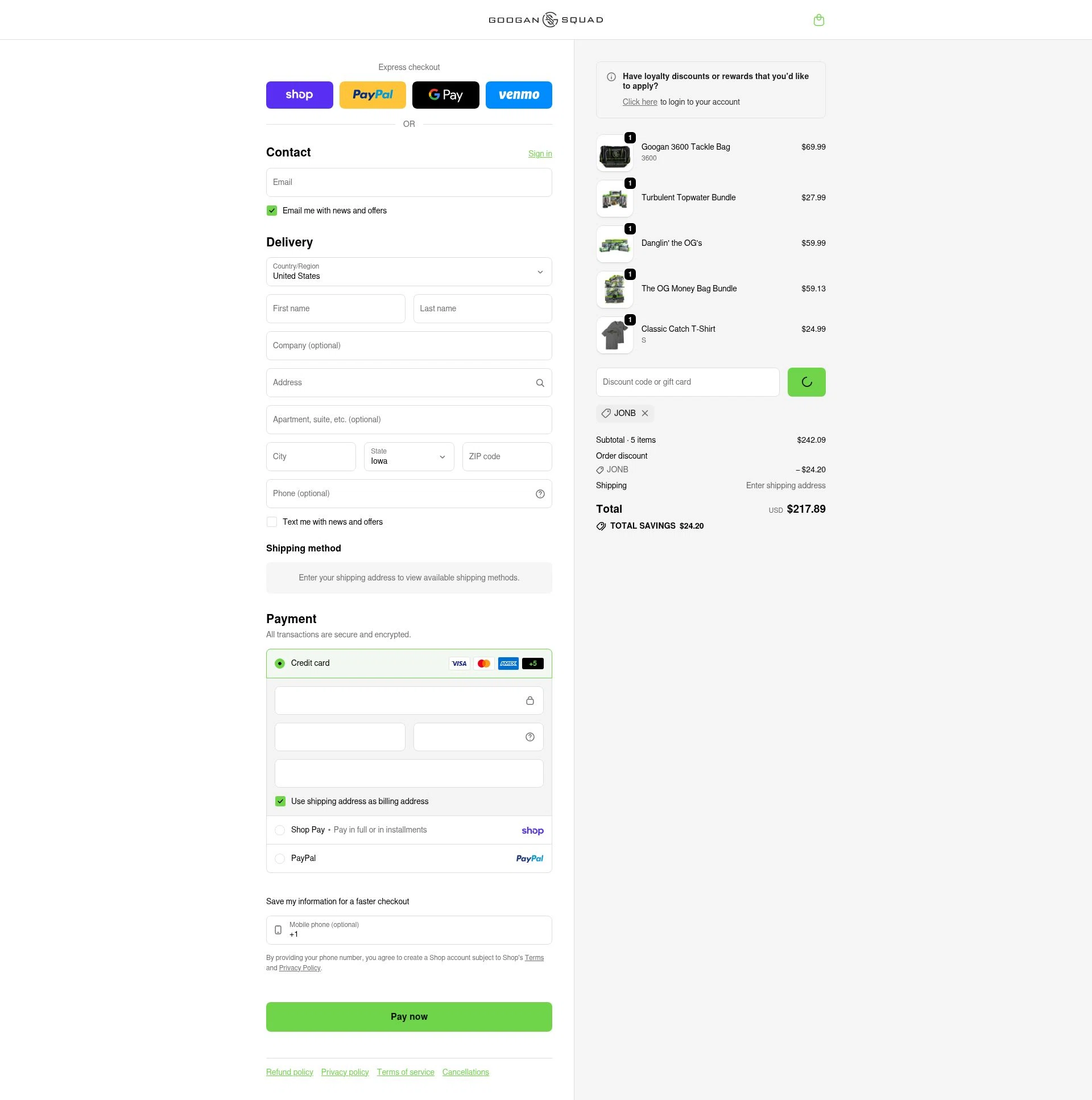 Googan Squad checkout page showing Googan Squad discount code box | Screenshot taken by SimplyCodes community member on Feb 21, 2026