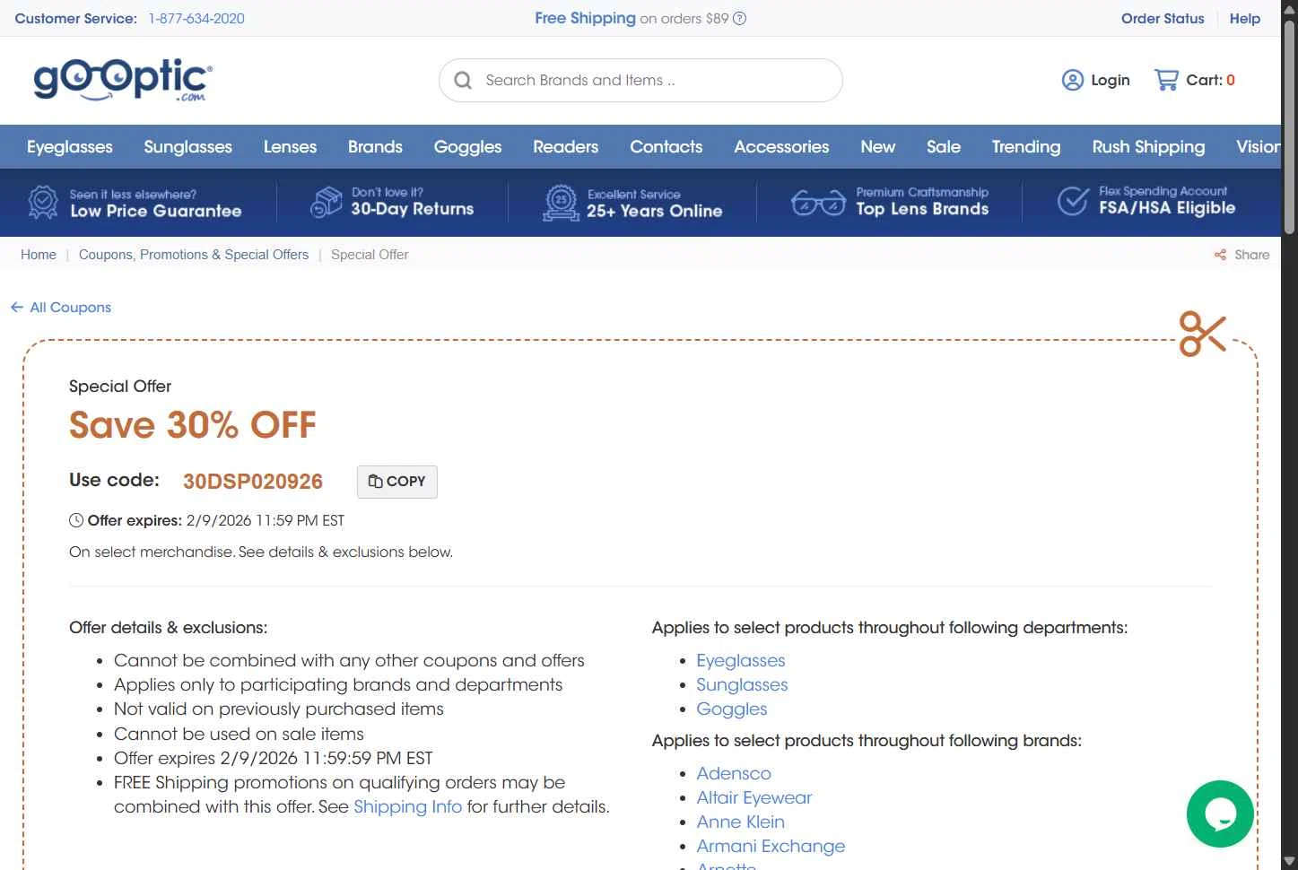 Go-Optic.com checkout page showing Go-Optic.com promo code box | Screenshot taken by SimplyCodes community member on Feb 9, 2026
