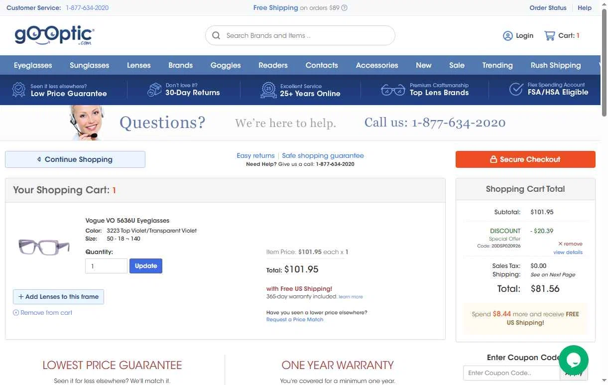Go-Optic.com checkout page showing Go-Optic.com promo code box | Screenshot taken by SimplyCodes community member on Feb 9, 2026