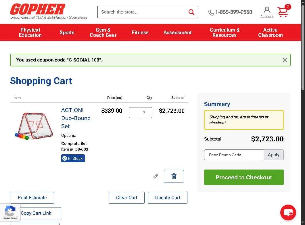 Gopher Sport checkout page showing Gopher Sport promo code box | Screenshot taken by SimplyCodes community member on Oct 29, 2025