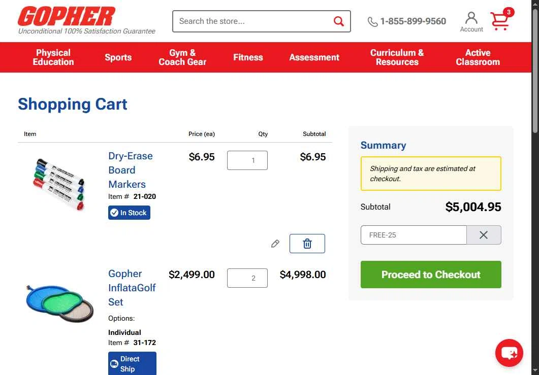 Gopher Sport checkout page showing Gopher Sport promo code box | Screenshot taken by SimplyCodes community member on Aug 29, 2025