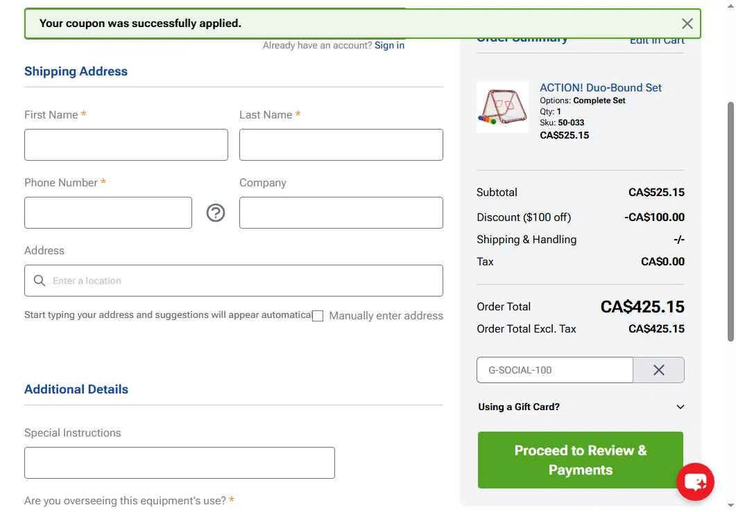 Gopher Sport checkout page showing Gopher Sport promo code box | Screenshot taken by SimplyCodes community member on Nov 11, 2025