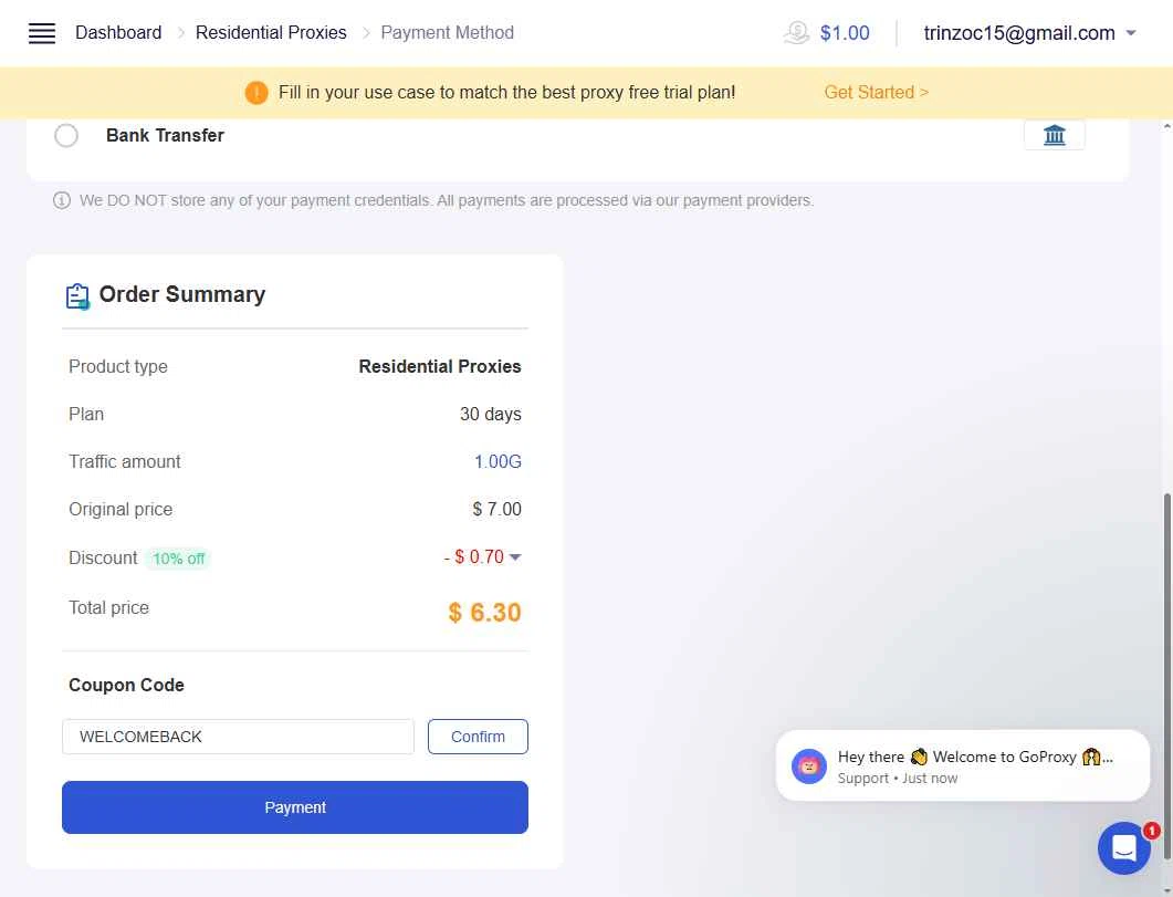 GoProxy checkout page showing GoProxy promo code box | Screenshot taken by SimplyCodes community member on Sep 20, 2025