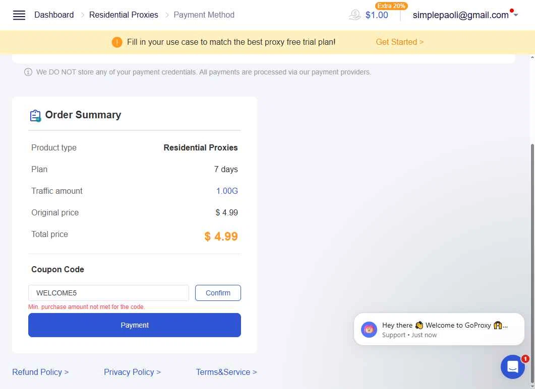 GoProxy checkout page showing GoProxy promo code box | Screenshot taken by SimplyCodes community member on Dec 19, 2025